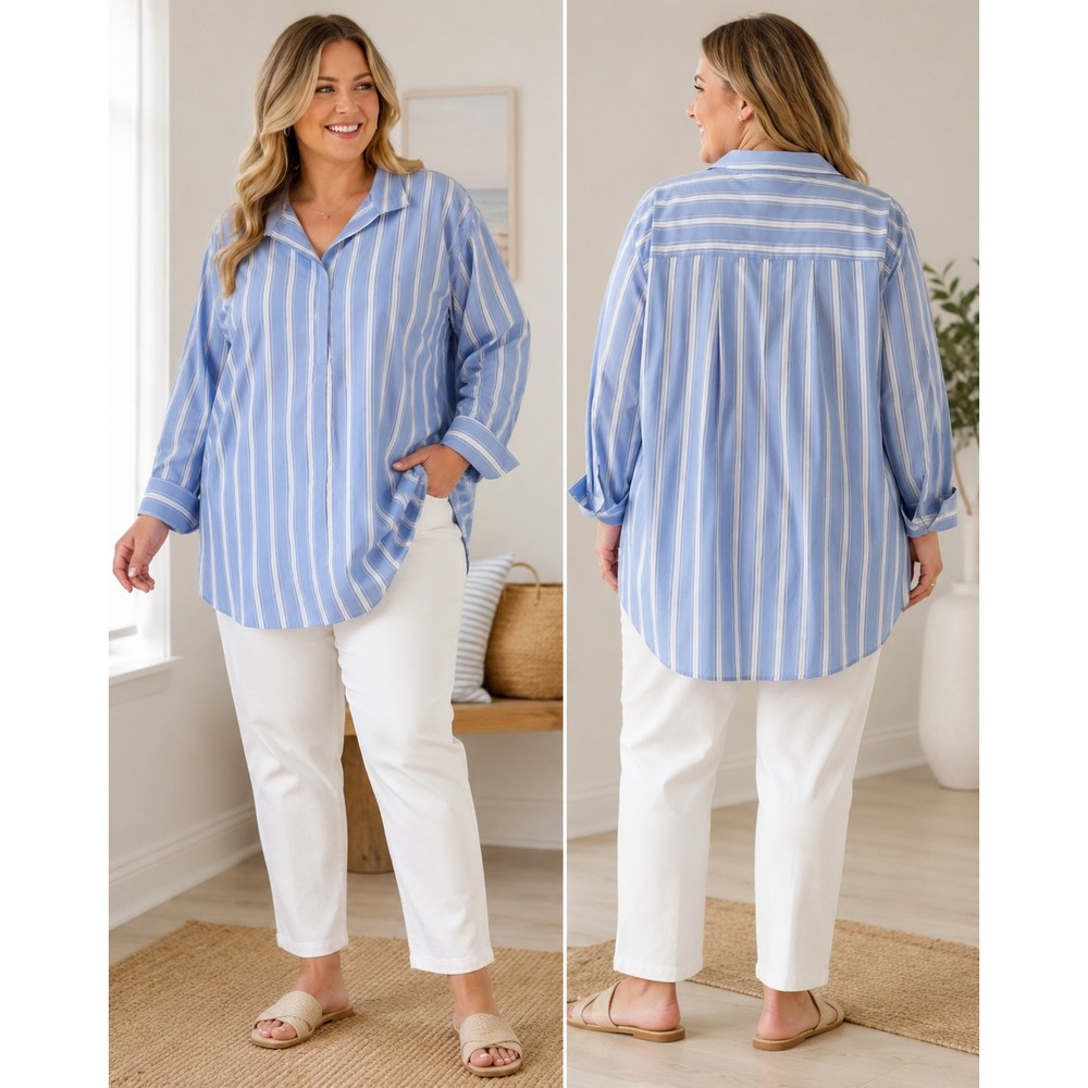 J.Jill 3X Blue White Stripe Relaxed Tunic Blouse Cotton Coastal Preppy